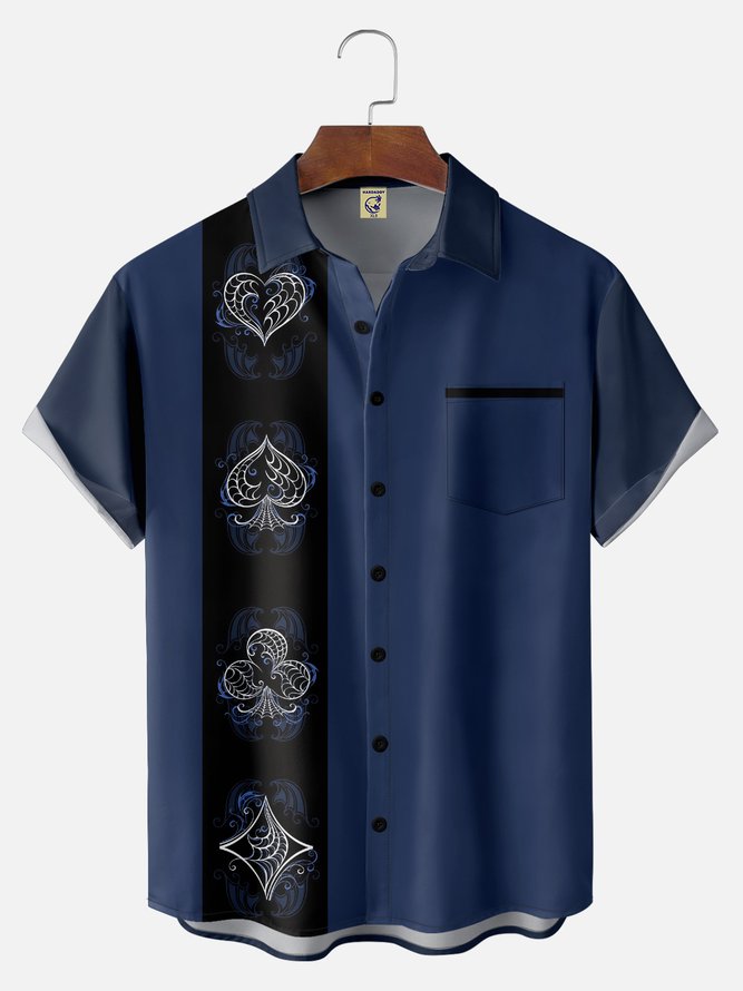 Big Size Moisture-wicking Poker Symbols Chest Pocket Bowling Shirt