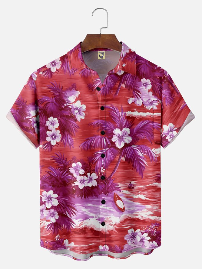 Big Size Moisture-wicking Tropical Hibiscus Flower Chest Pocket Hawaiian Shirt