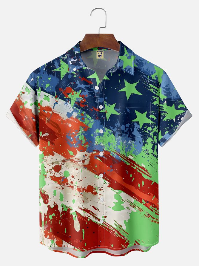 Big Size Moisture-wicking American Flag Oil Painting Ink Art Chest Pocket Casual Shirt