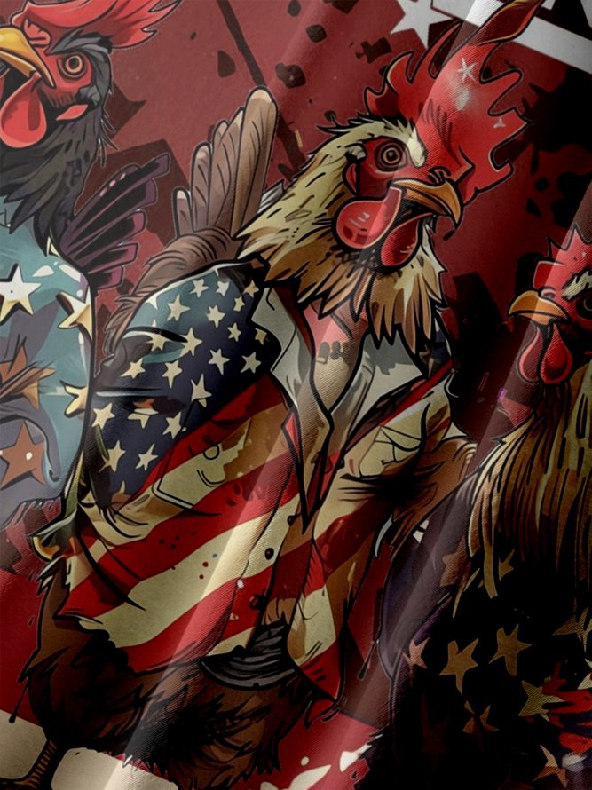 Big Size Moisture-wicking Independence Day Rooster American Flag Chest Pocket Casual Shirt
