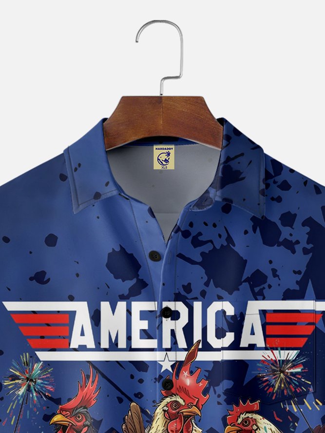 Big Size Moisture-wicking Independence Day Rooster American Flag Chest Pocket Casual Shirt
