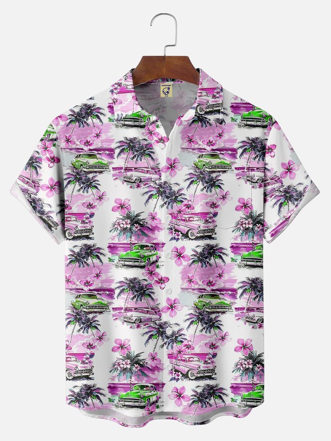 Big Size Moisture-wicking Beach Retro Car Chest Pocket Hawaiian Shirt