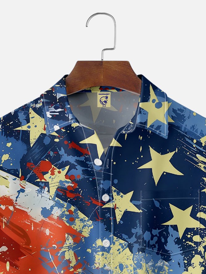 Big Size Moisture-wicking American Flag Oil Painting Ink Art Chest Pocket Casual Shirt