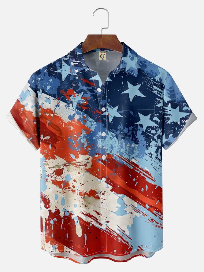 Big Size Moisture-wicking American Flag Oil Painting Ink Art Chest Pocket Casual Shirt