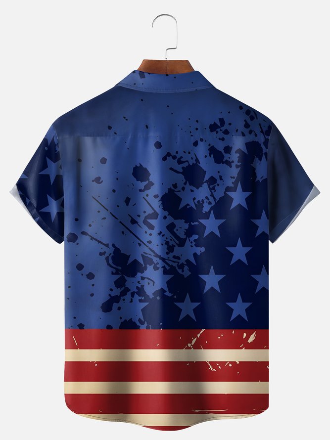 Big Size Moisture-wicking Independence Day Rooster American Flag Chest Pocket Casual Shirt