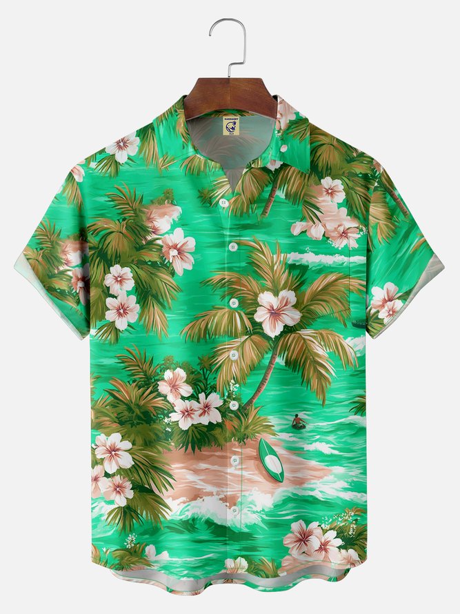 Big Size Moisture-wicking Tropical Hibiscus Flower Chest Pocket Hawaiian Shirt