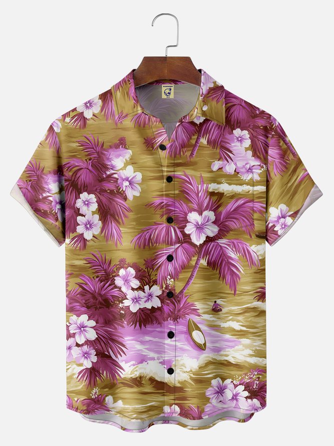 Big Size Moisture-wicking Tropical Hibiscus Flower Chest Pocket Hawaiian Shirt