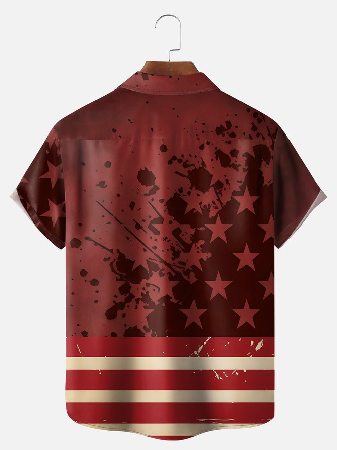 Big Size Moisture-wicking Independence Day Rooster American Flag Chest Pocket Casual Shirt
