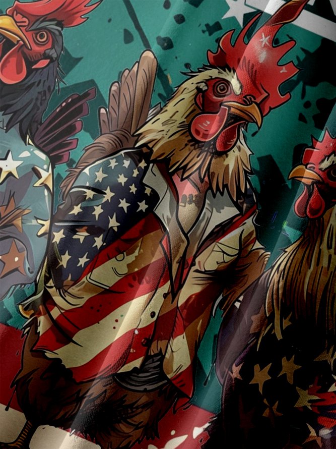 Big Size Moisture-wicking Independence Day Rooster American Flag Chest Pocket Casual Shirt