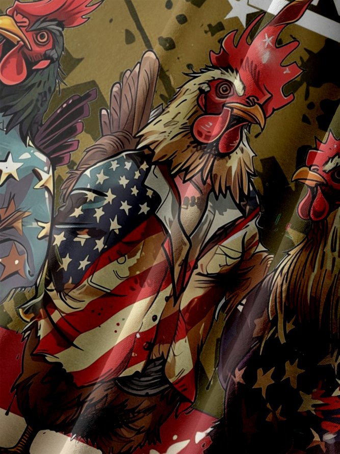 Big Size Moisture-wicking Independence Day Rooster American Flag Chest Pocket Casual Shirt