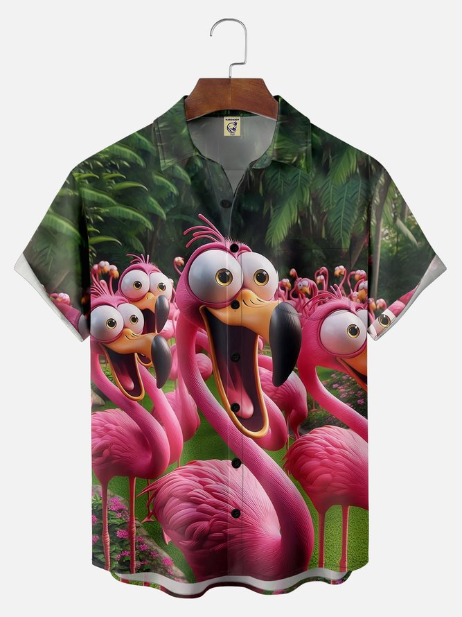 Big Size Moisture-wicking Flamingo Funny Shock Art Chest Pocket Hawaiian Shirt