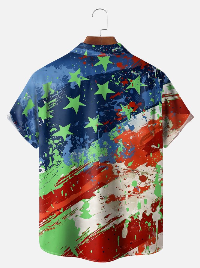 Big Size Moisture-wicking American Flag Oil Painting Ink Art Chest Pocket Casual Shirt