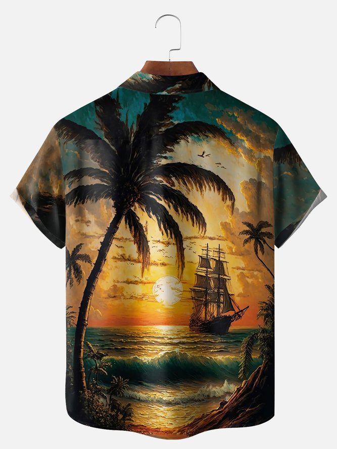 Big Size Moisture-wicking Palm Tree Chest Pocket Hawaiian Shirt