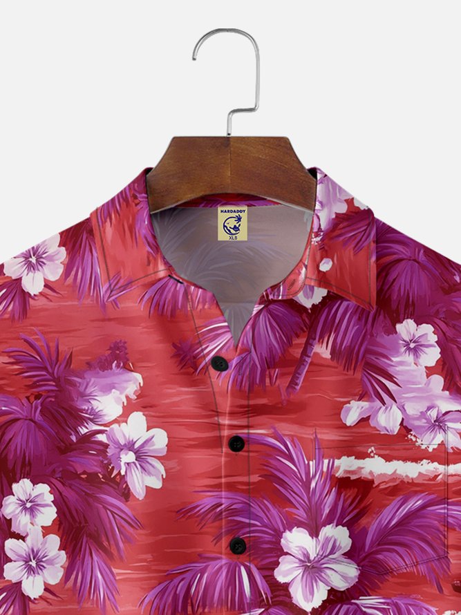 Big Size Moisture-wicking Tropical Hibiscus Flower Chest Pocket Hawaiian Shirt