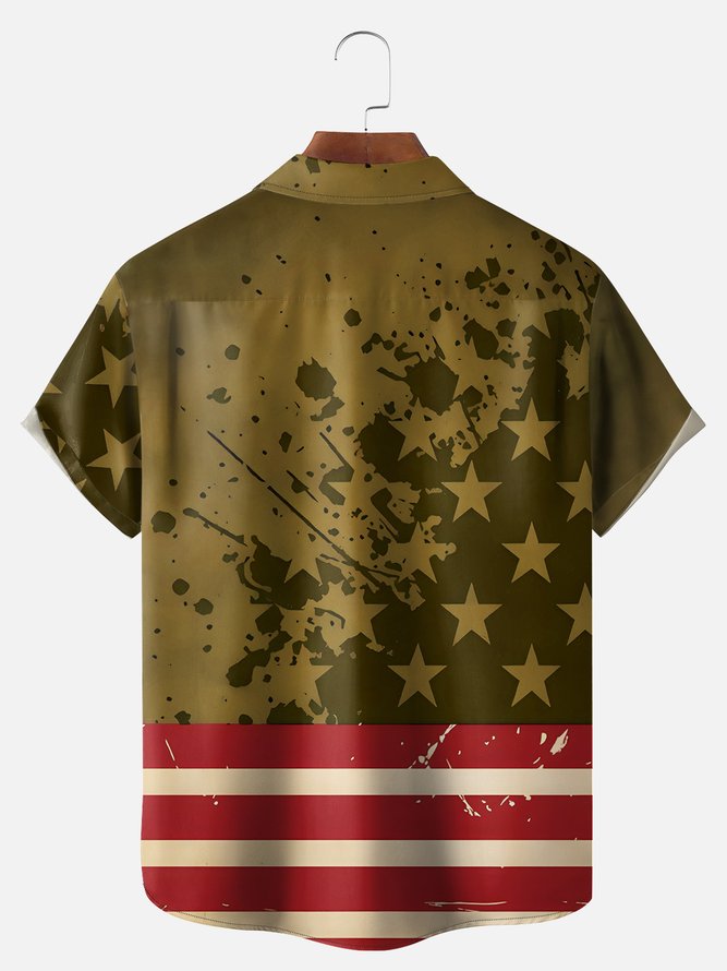 Big Size Moisture-wicking Independence Day Rooster American Flag Chest Pocket Casual Shirt
