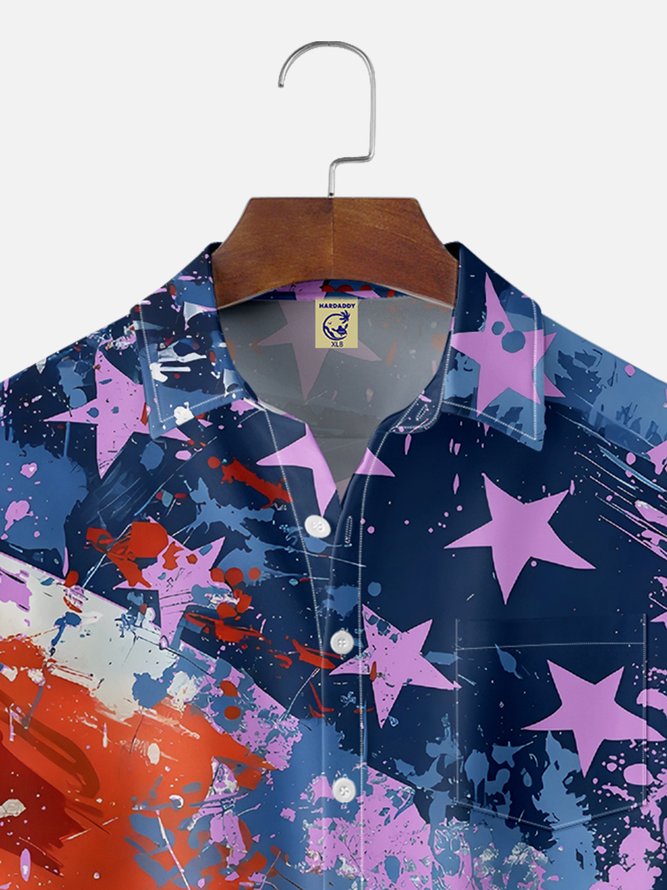 Big Size Moisture-wicking American Flag Oil Painting Ink Art Chest Pocket Casual Shirt