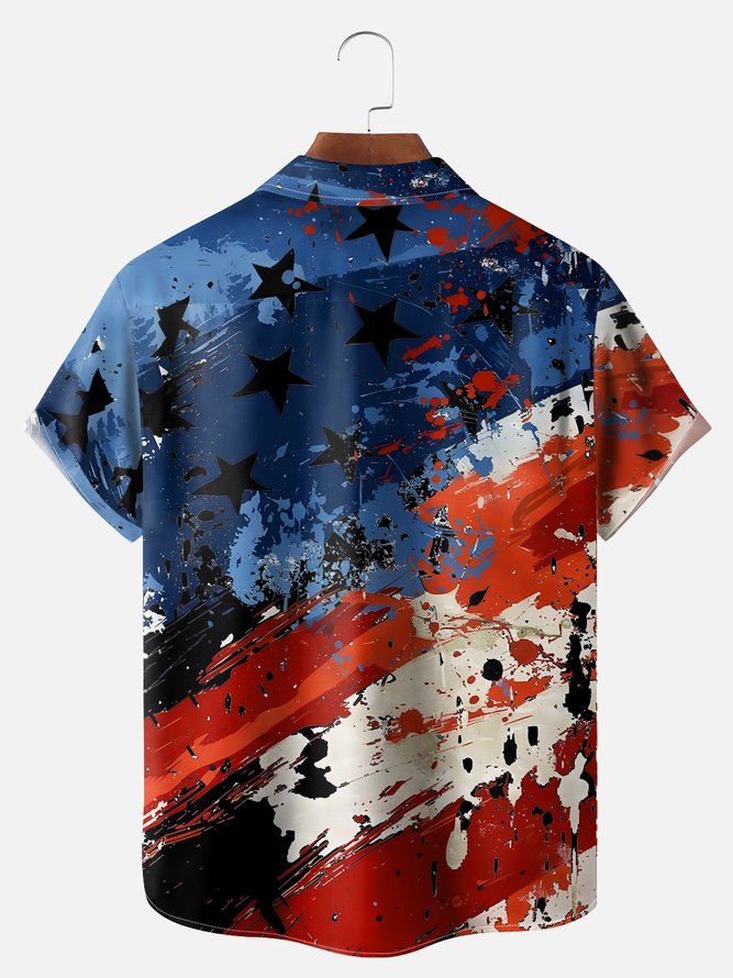 Big Size Moisture-wicking American Flag Oil Painting Ink Art Chest Pocket Casual Shirt