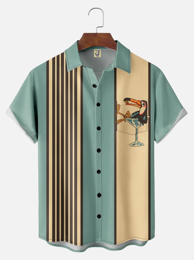Big Size Moisture-wicking Toucan Parrot Chest Pocket Bowling Shirt