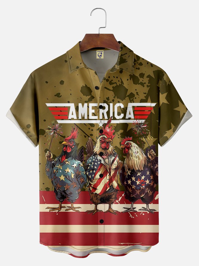 Big Size Moisture-wicking Independence Day Rooster American Flag Chest Pocket Casual Shirt