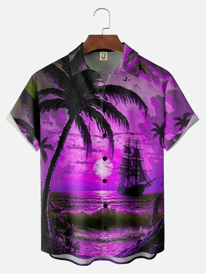 Big Size Moisture-wicking Palm Tree Chest Pocket Hawaiian Shirt
