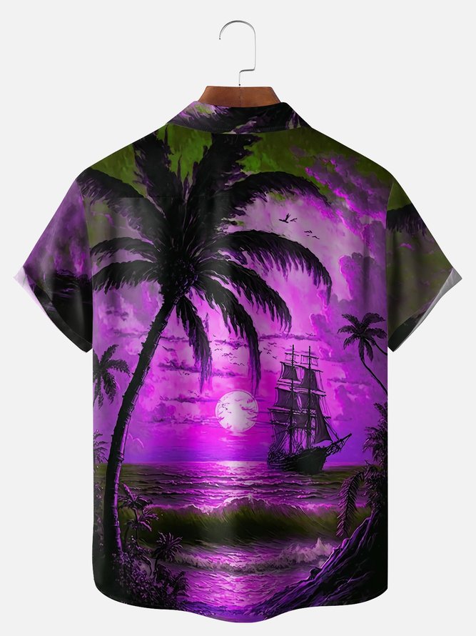 Big Size Moisture-wicking Palm Tree Chest Pocket Hawaiian Shirt