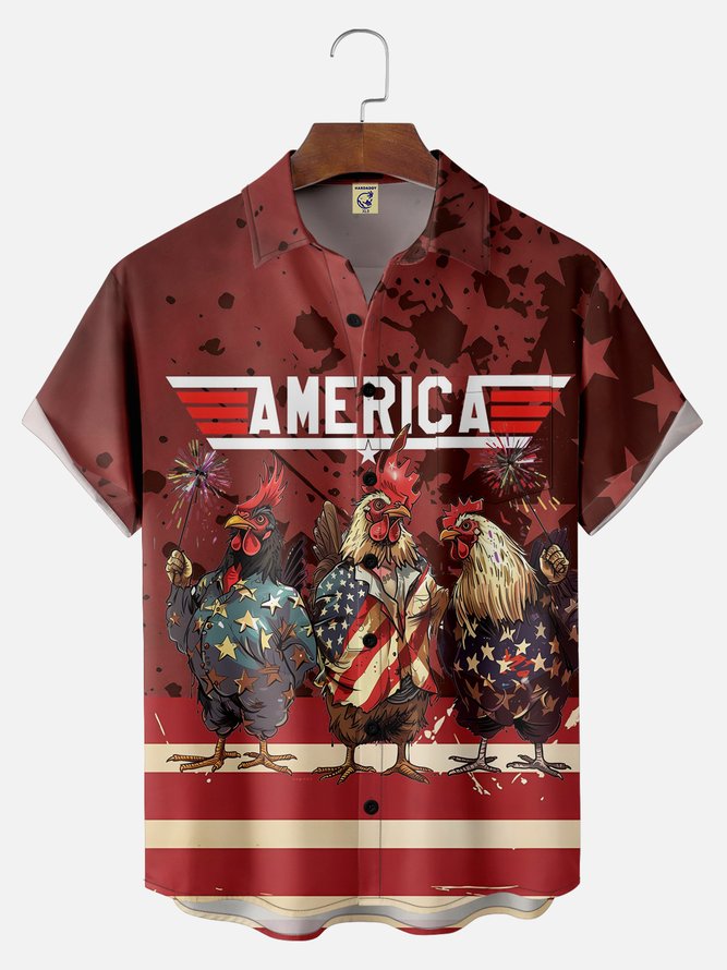 Big Size Moisture-wicking Independence Day Rooster American Flag Chest Pocket Casual Shirt
