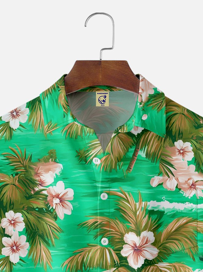 Big Size Moisture-wicking Tropical Hibiscus Flower Chest Pocket Hawaiian Shirt