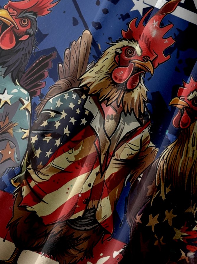 Big Size Moisture-wicking Independence Day Rooster American Flag Chest Pocket Casual Shirt