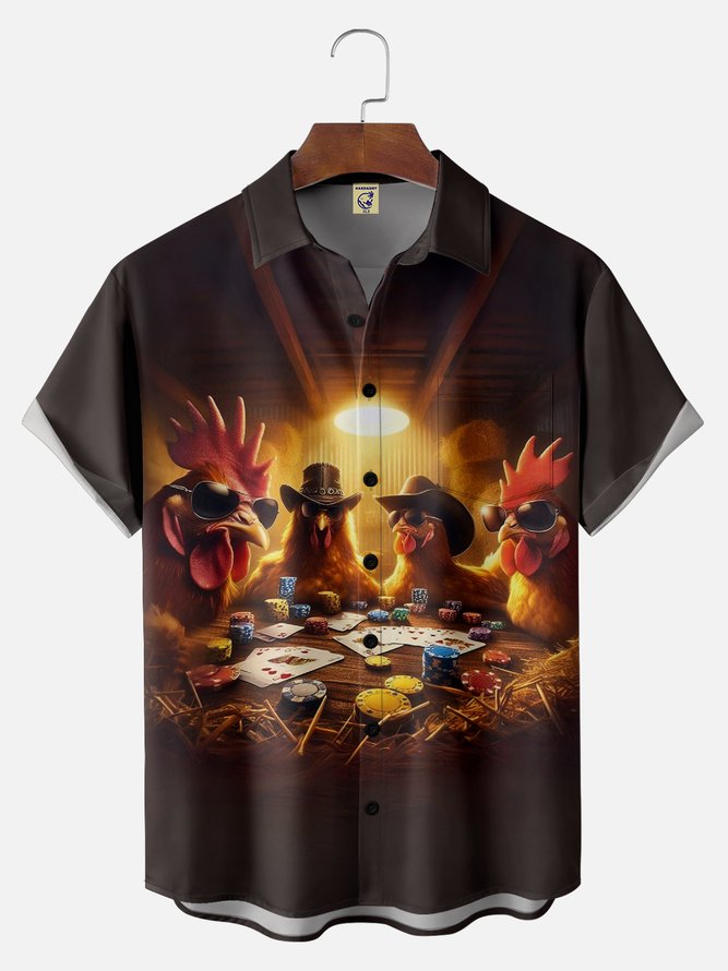 Big Size Moisture-wicking Rooster Poker Chip Farm Chest Pocket Casual Shirt