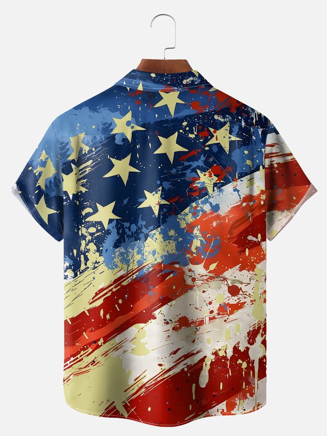 Big Size Moisture-wicking American Flag Oil Painting Ink Art Chest Pocket Casual Shirt