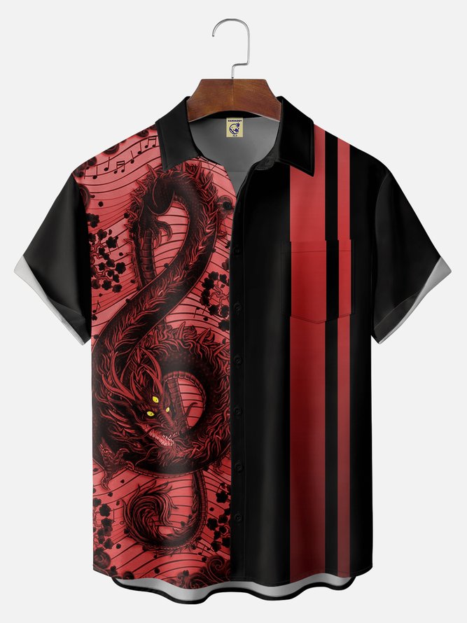 Big Size Moisture-wicking Music Note Chest Pocket Bowling Shirt