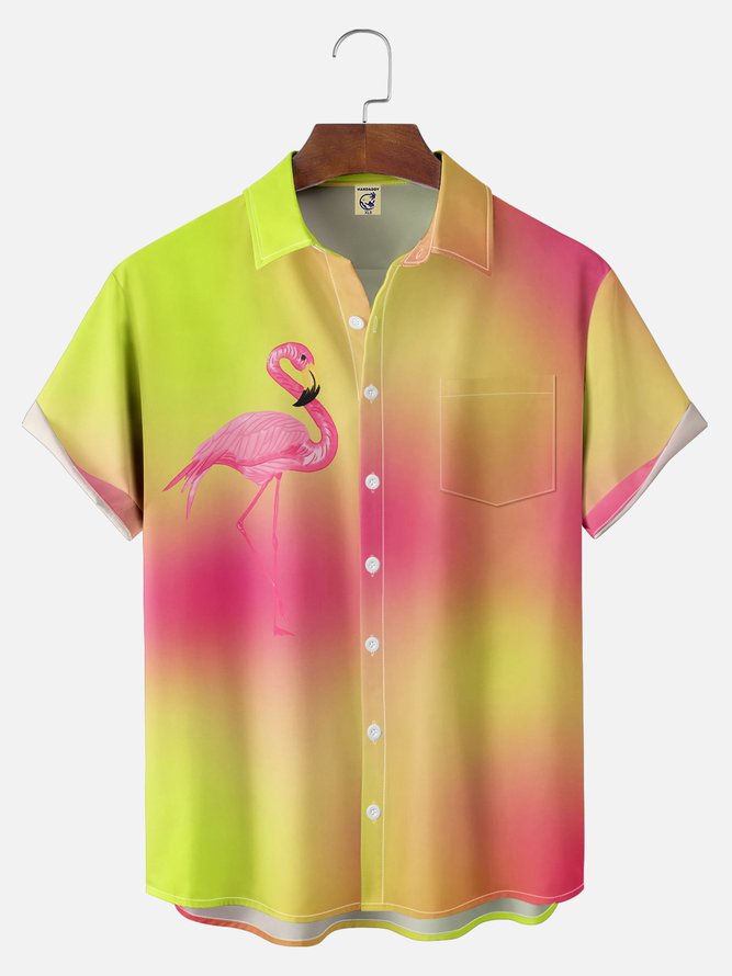 Big Size Moisture-wicking Gradient Flamingo Chest Pocket Hawaiian Shirt