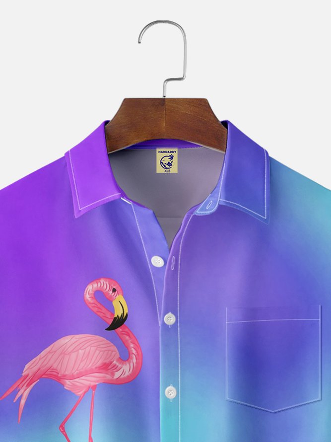 Big Size Moisture-wicking Gradient Flamingo Chest Pocket Hawaiian Shirt