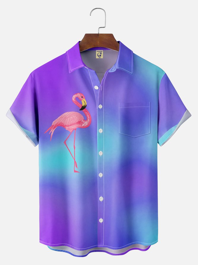 Big Size Moisture-wicking Gradient Flamingo Chest Pocket Hawaiian Shirt