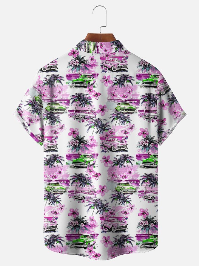 Moisture-wicking Beach Retro Car Chest Pocket Hawaiian Shirt