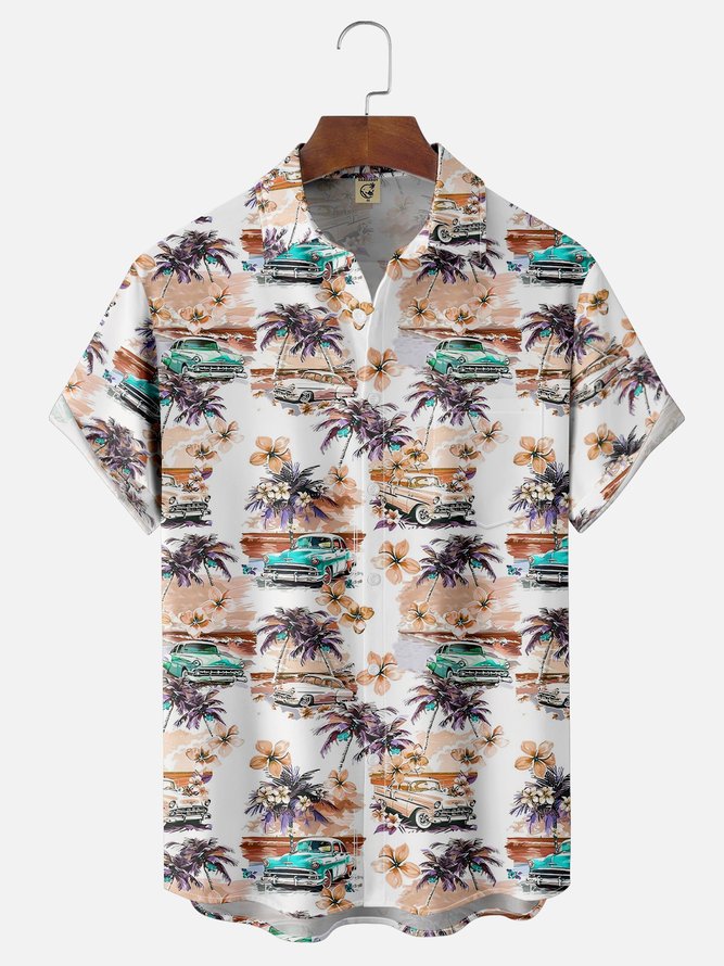Moisture-wicking Beach Retro Car Chest Pocket Hawaiian Shirt