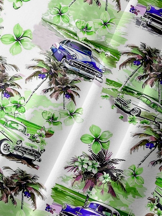 Moisture-wicking Beach Retro Car Chest Pocket Hawaiian Shirt