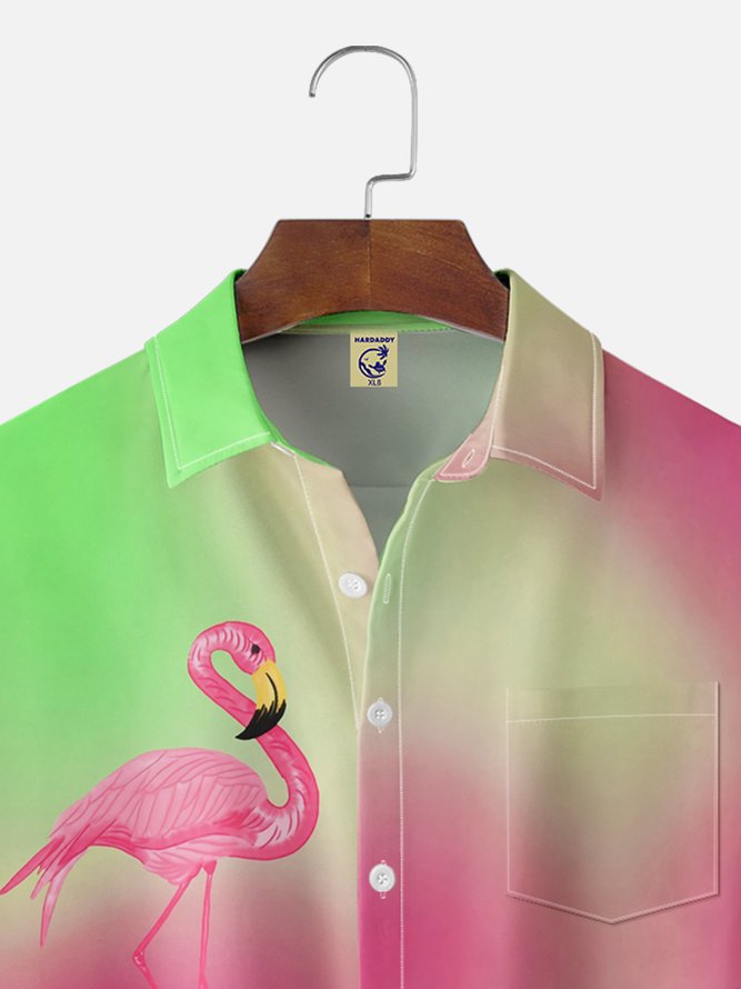 Big Size Moisture-wicking Gradient Flamingo Chest Pocket Hawaiian Shirt