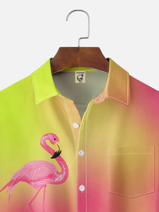 Big Size Moisture-wicking Gradient Flamingo Chest Pocket Hawaiian Shirt