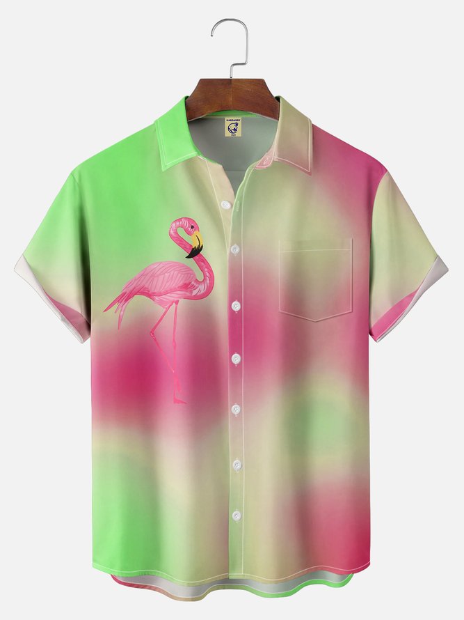 Big Size Moisture-wicking Gradient Flamingo Chest Pocket Hawaiian Shirt