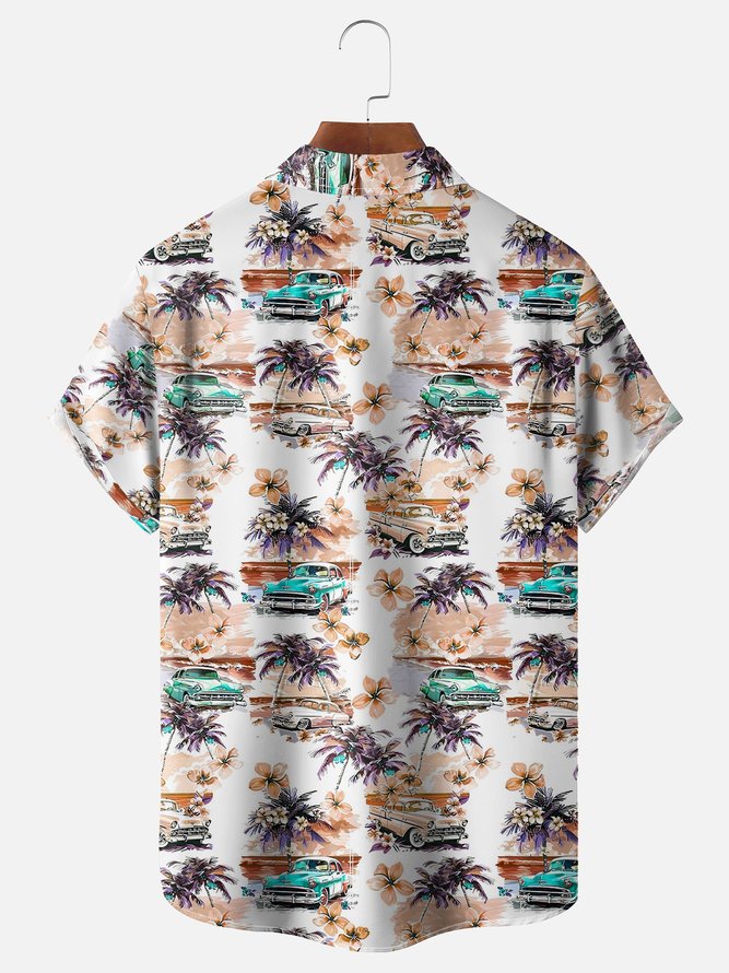 Moisture-wicking Beach Retro Car Chest Pocket Hawaiian Shirt