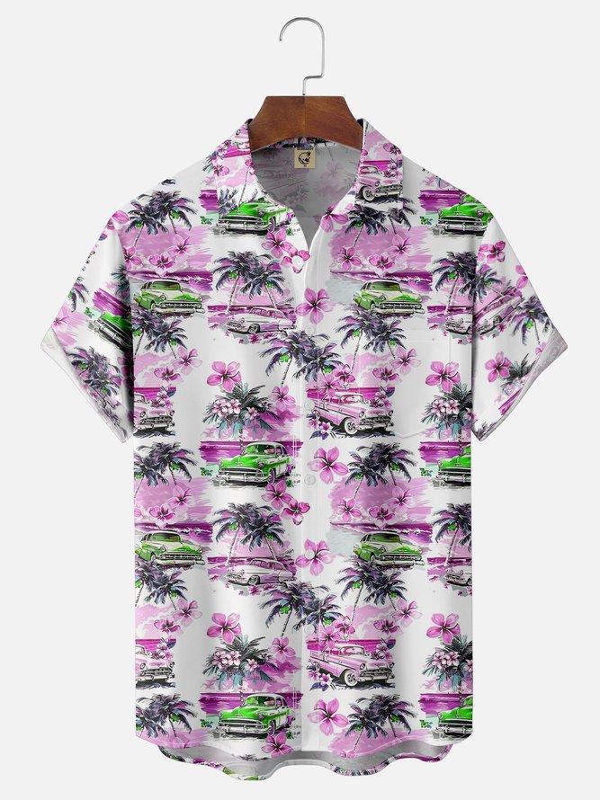 Moisture-wicking Beach Retro Car Chest Pocket Hawaiian Shirt