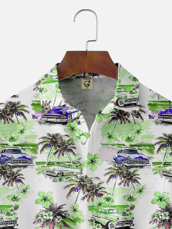 Moisture-wicking Beach Retro Car Chest Pocket Hawaiian Shirt