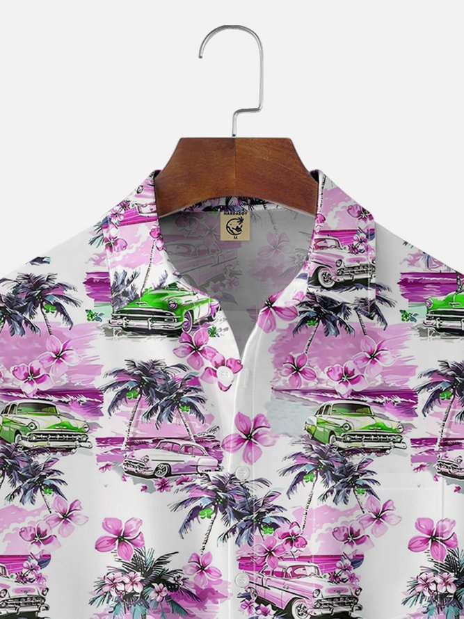 Moisture-wicking Beach Retro Car Chest Pocket Hawaiian Shirt