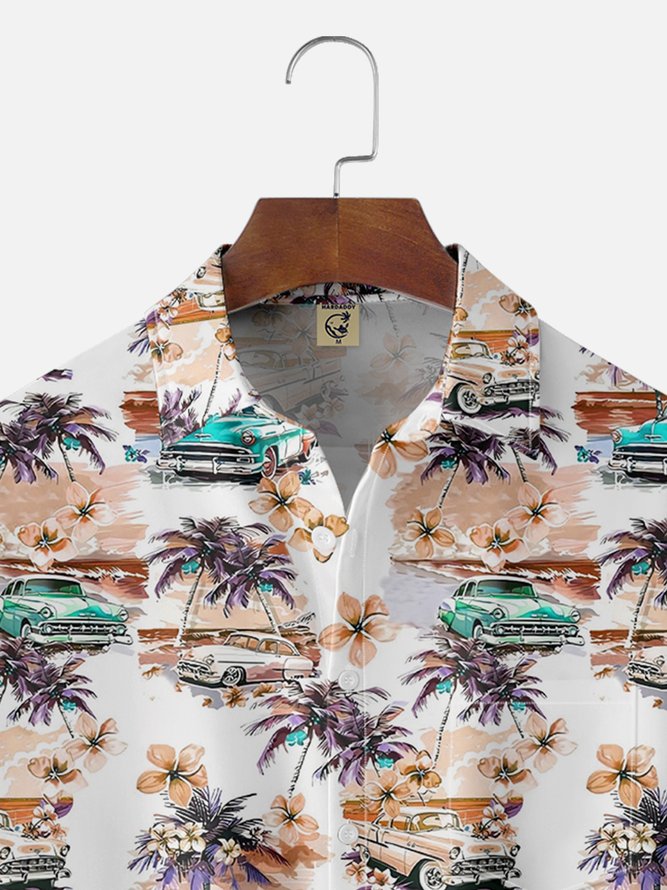 Moisture-wicking Beach Retro Car Chest Pocket Hawaiian Shirt