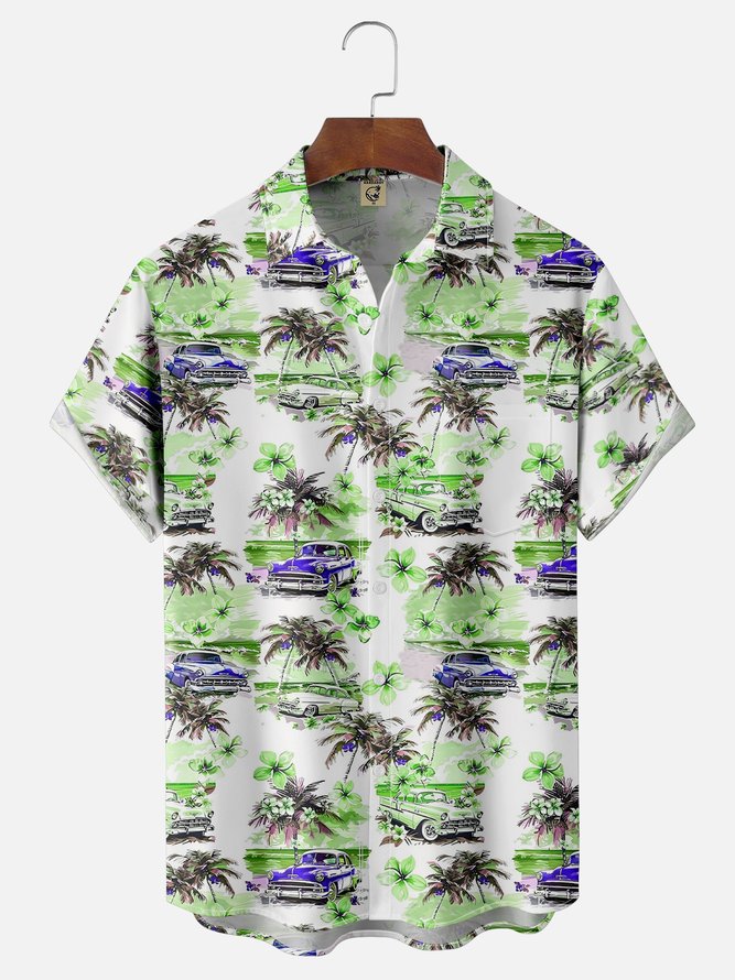 Moisture-wicking Beach Retro Car Chest Pocket Hawaiian Shirt