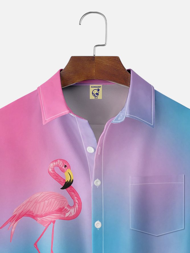 Big Size Moisture-wicking Gradient Flamingo Chest Pocket Hawaiian Shirt