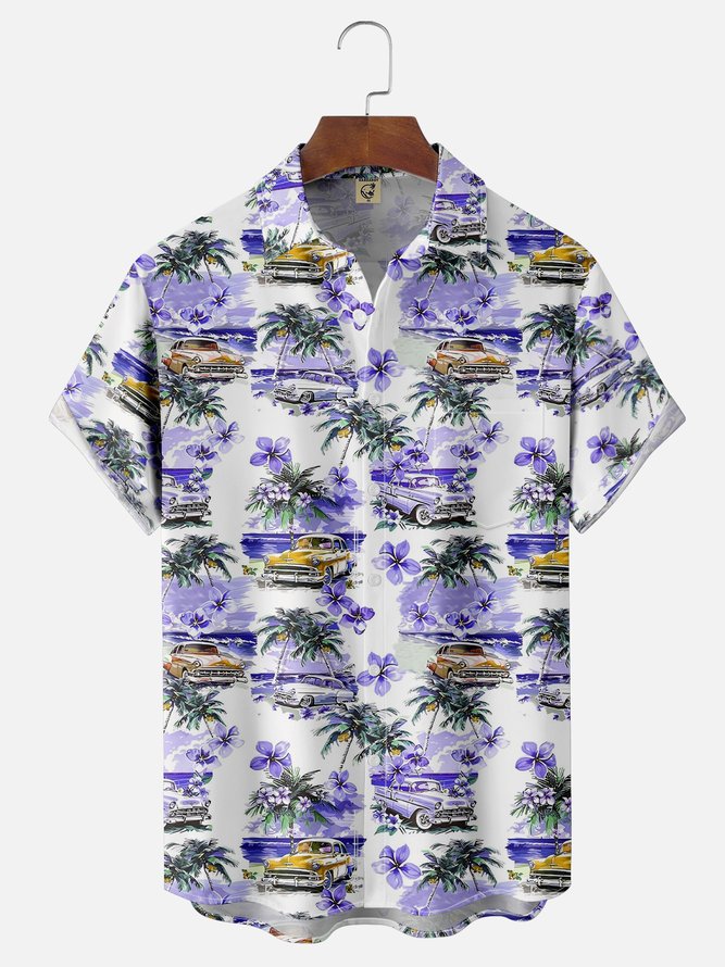 Moisture-wicking Beach Retro Car Chest Pocket Hawaiian Shirt