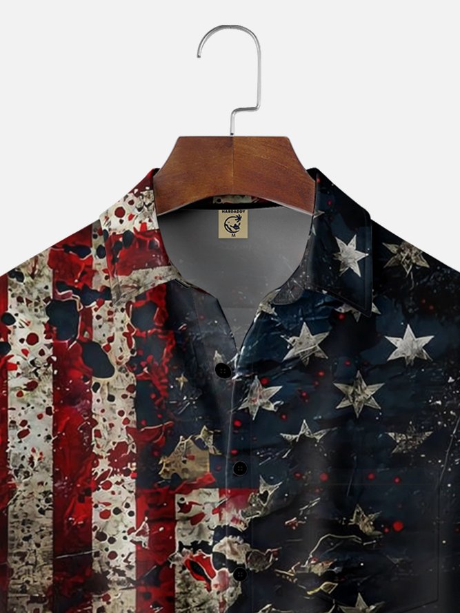 Moisture-wicking American Flag Independence Day Textured Chest Pocket Casual Shirt