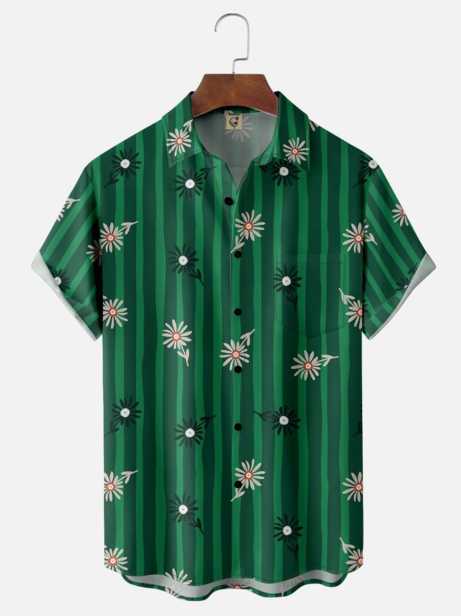 Moisture Wicking Geometric Floral Chest Pocket Hawaiian Shirt